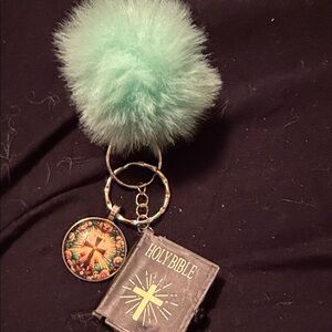 Elegant Mint Pom Pom Keychain with Holy Bible Charm